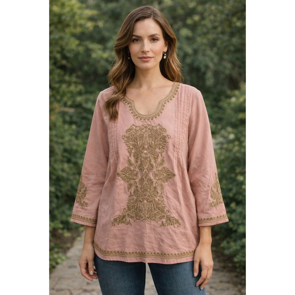 Tasha Polizzi Tunic Top Womens Large Pink Linen Cotton Embroidered Pintuck Boho